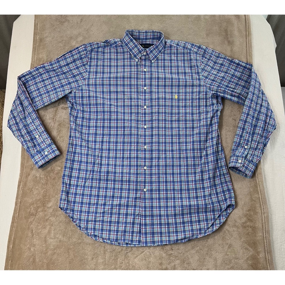 Ralph Lauren Shirt Men's XLT Tall Blue Plaid Button Down Shirt Long Sleeve EUC